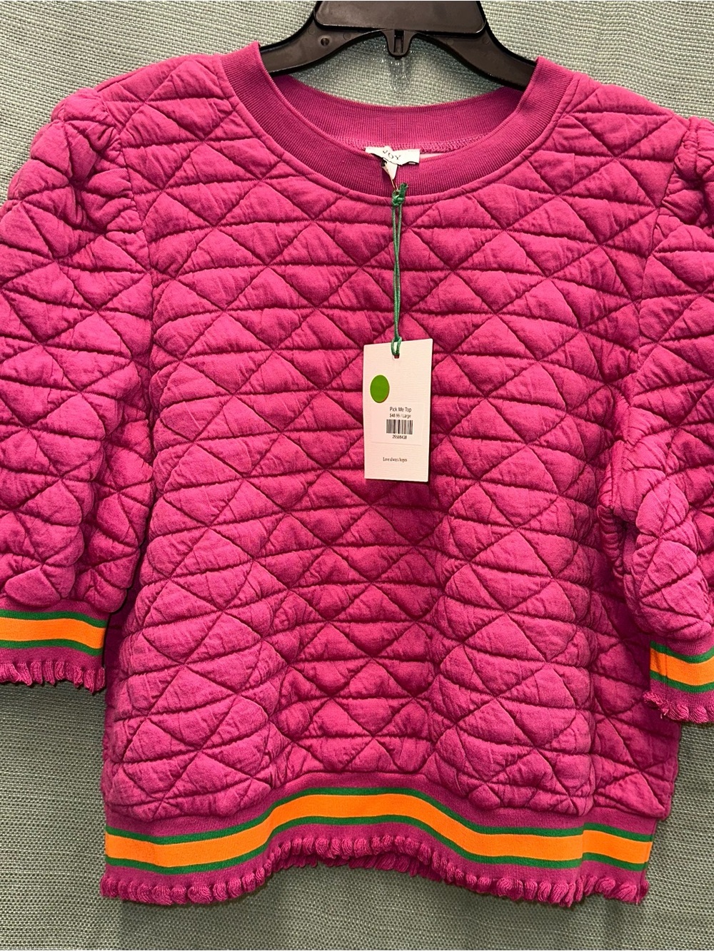 Quilted Puff-Sleeve Sweatshirt in Bright Pink with Contrast Stripe